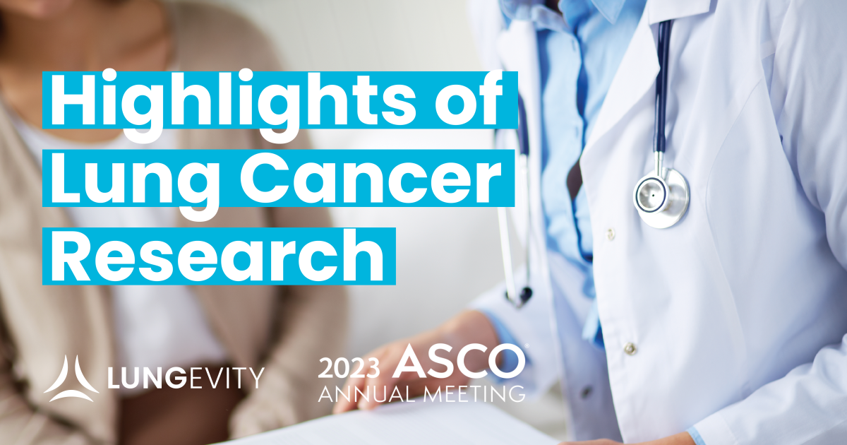 Highlights of lung cancer research title over a doctor talking with a patient